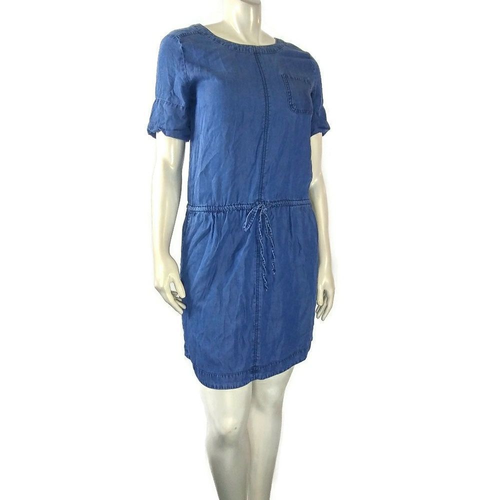 HALOGEN Chambray Blue Drawstring Belted Dress Med